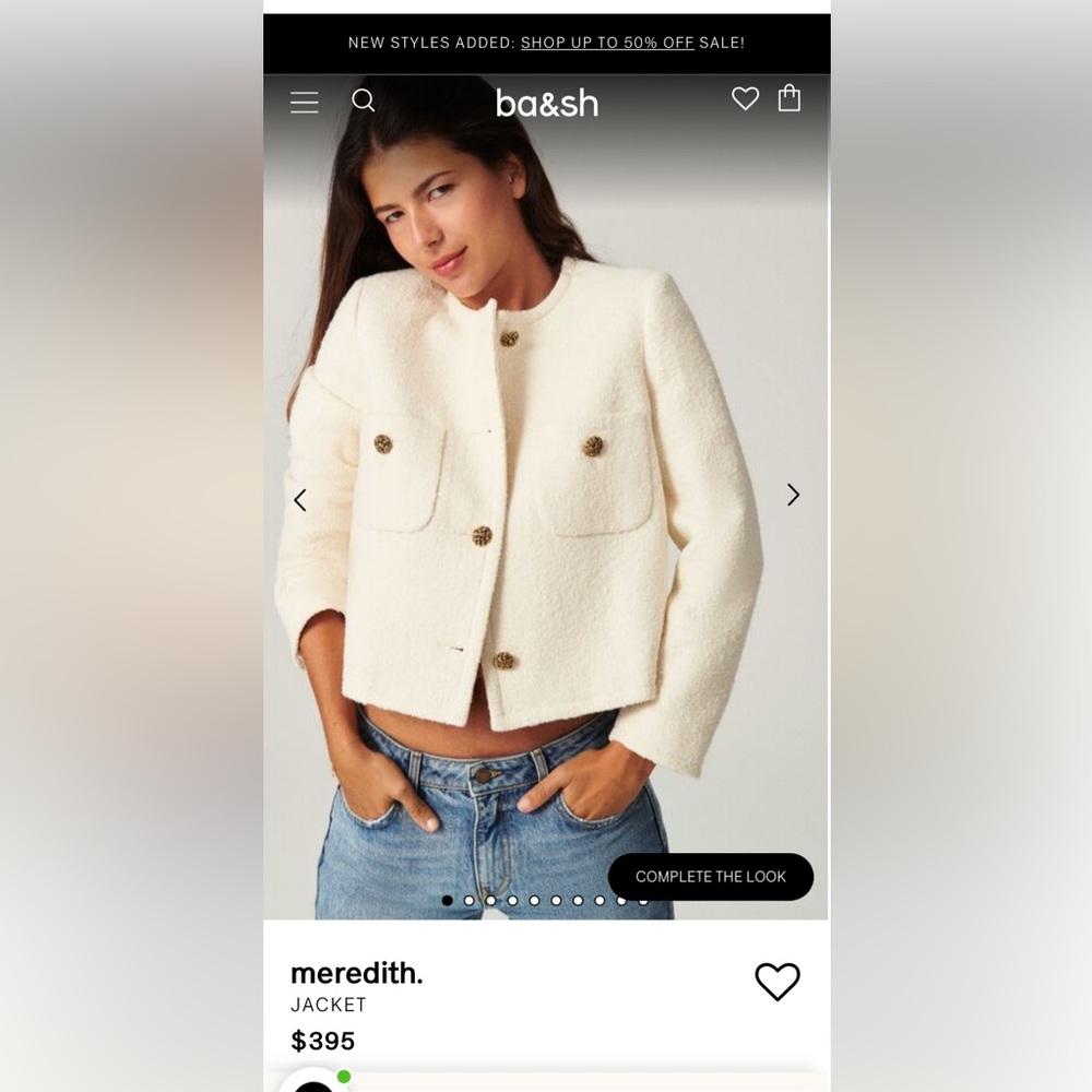 NWT $395 ba&sh current season Veste Meredith  Button Front Jacket in cre…